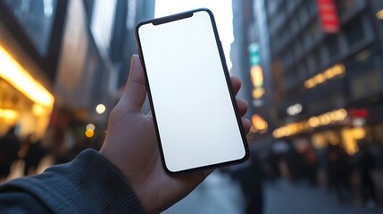 Wall Mural - A close-up of a hand gripping a mobile phone with a white screen, set against a blurred urban background