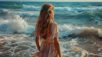 trendy woman in casual summer dress walking by the waterline and look to the waves