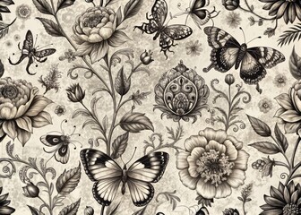 Wall Mural - Delicate black and white vintage seamless pattern featuring intricately illustrated flowers, beetles, and butterflies in a whimsical, ornate, and romantic distressed design.