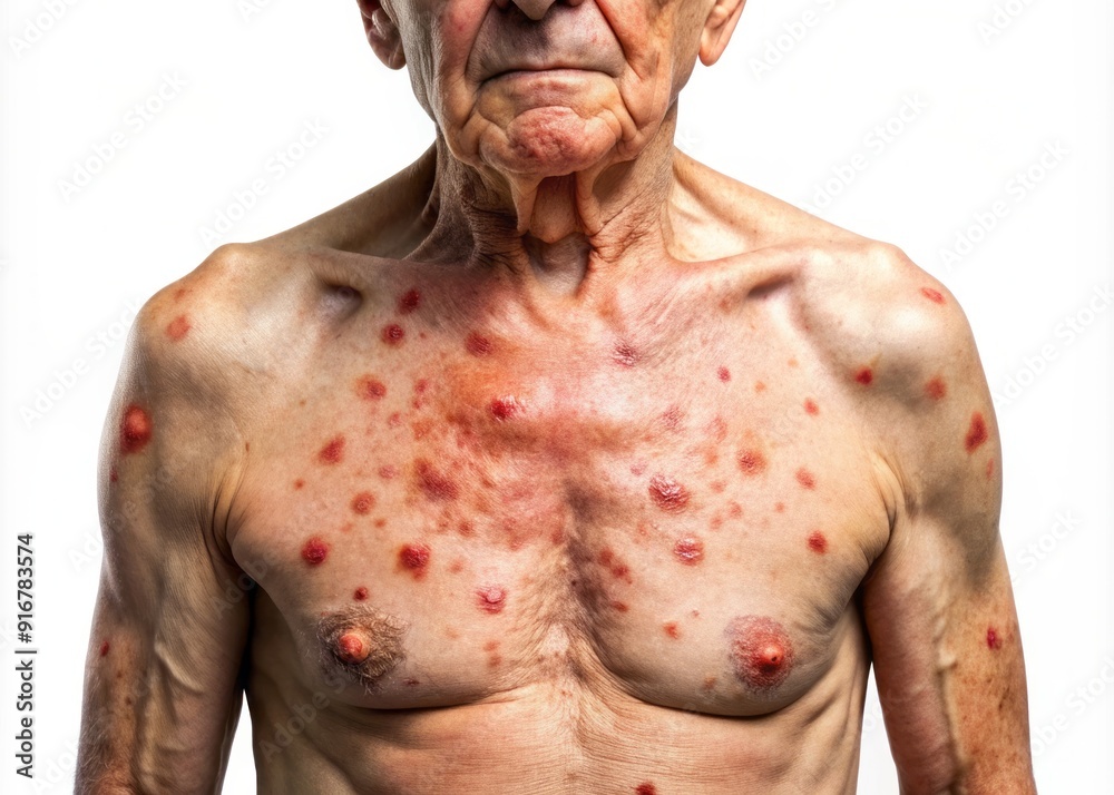 Rash-like blisters and painful lesions on an elderly person's torso ...