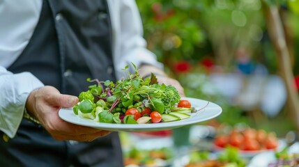 Waiter carrying a plate with delicious vegetarian food on some festive event, party or wedding reception