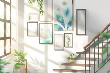 create a stairs photo wall with 12 Square mixtiles and 8 portrait frames and 3 landscape frames with some wall decorations in betweens, illustration