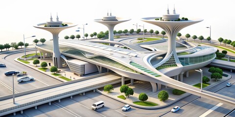 Aufkleber - A highly detailed maquette of a futuristic transportation hub featuring sleek terminals, modern stations, and intricate connectivity infrastructure, set against a clean white background.