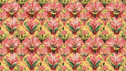 1950s retro floral seamless pattern design featuring symmetrical abstract flowers in a scallop repeat with vibrant pink yellow and green hues Suitable for fabric wallpaper and texti