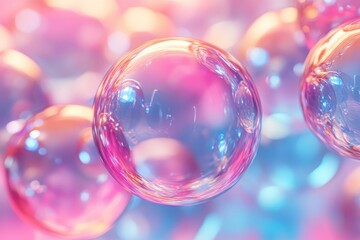 Poster - Beautiful transparent soap bubbles floating on abstract pastel pink and blue background