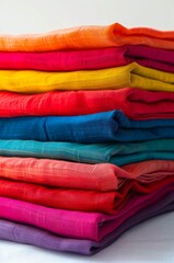 Stack of folded clean colorful linen clothes. Stack of clean linen bright colored cloth.