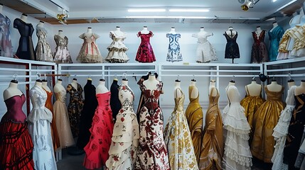 A fashion designer's studio showcasing mannequins and racks of haute couture 