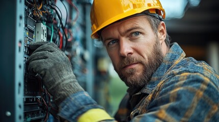 Poster - Electrician wearing hardhat working on fusebox connecting wires