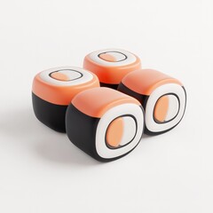 Poster - Four small orange and black sushi rolls are arranged on a white background