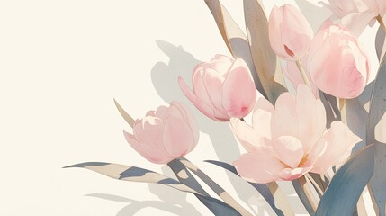 Wall Mural - logo Design a table lamp based on a blooming pink tulip bud, with two green leaves and a tray, against a cream-colored background