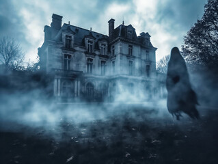 Poster - A ghostly figure is seen running through the foggy air in front of a creepy old house