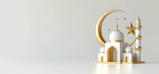 A white mosque with a golden crescent moon and star, symbolizing Islam and Ramadan.