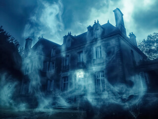 Wall Mural - A ghostly house with smoke billowing out of the chimney. The house is surrounded by trees and the sky is dark and cloudy. Scene is eerie and mysterious