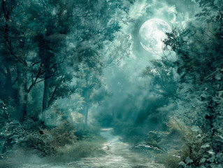 Canvas Print - A forest with a moon in the sky. The moon is in the middle of the sky and the trees are in the foreground