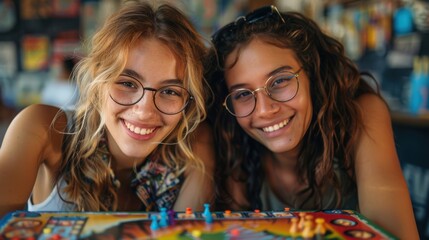 two young women smiling at the camera while playing a board game.