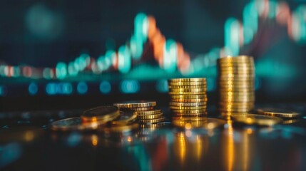 A pile of gold coins sits on a table in front of a graph