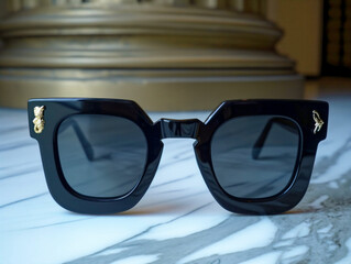 A pair of sunglasses with a gold frame and a butterfly emblem. The sunglasses are black and sit on a marble countertop