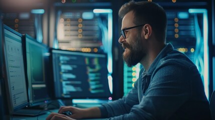 Aufkleber - A man with glasses is sitting in front of a computer with two monitors