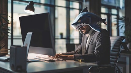 Aufkleber - A man wearing a shark mask sits at a desk in front of a computer