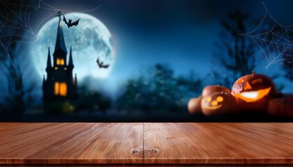 Spooky Scene: Wooden Countertop Mockup with Halloween Background