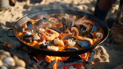 Wall Mural - A seafood paella being cooked over an open flame at a beachside cookout, with a mix of shrimp, mussels, and clams in a large pan.