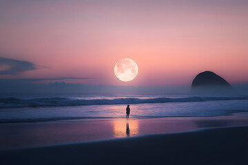 Poster - Lone person viewing the moon rise on the beach