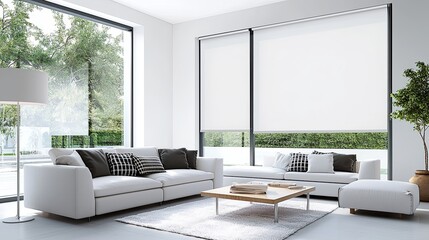 Wall Mural - Chic contemporary living room with large glass windows, stylish shades, modern furniture, soft and neutral colors, bright and inviting, cozy seating area, copy space for text,