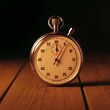 © Ideal & Ideas - A stopwatch on a wooden surface, illuminated by warm light, with a dark background.