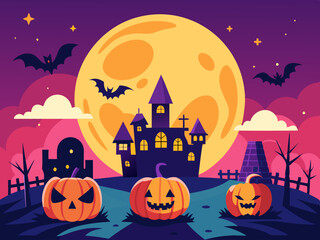 Wall Mural - Old haunted castle on a hill silhouette in front of the big moon and violet sky with bats. Halloween holiday concept vector illustration.