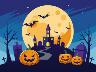 Wall Mural - Old haunted castle on a hill silhouette in front of the big moon and blue sky with bats. Halloween holiday concept vector illustration.