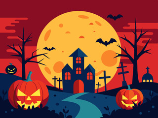 old haunted castle on a hill silhouette in front of the big moon and red sky with bats. halloween ho