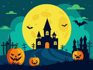 Wall Mural - Old haunted castle on a hill silhouette in front of the big moon and green sky with bats. Halloween holiday concept vector illustration.