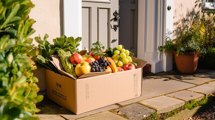 Wall Mural - Food delivery, postal service and online grocery shopping, fruit box with fresh organic fruits from a local farm on a house doorstep in the countryside, post-processed, generative ai