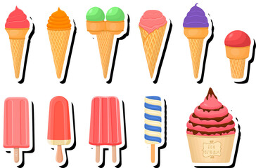 Wall Mural - Illustration on theme big kit ice cream popsicle different types in cone waffle cup