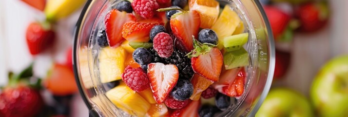 Poster - Top view of fruit pieces being blended in a mixer