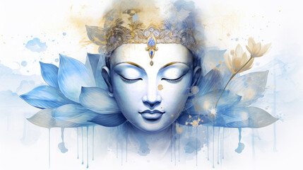 Wall Mural - 3d glowing golden buddha face and Watercolor blue lotus flowers