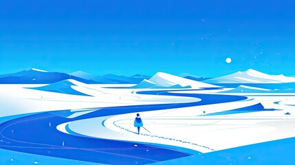 Minimalist vector art, A colored river is depicted flowing through the white desert from a distance, The sky is blue at night