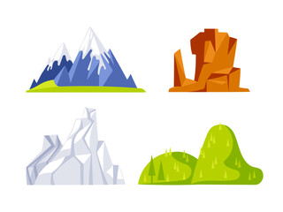 Set of four different mountain illustrations showing snowy peaks, rocky formations and green hills