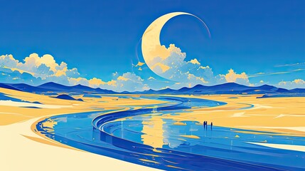 Wall Mural - Minimalist vector art, A colored river is depicted flowing through the white desert from a distance, The sky is blue at night