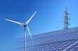 © Kyohei Kaneko - 風力発電とソーラーパネルと高圧電線の電気のイメージ　solar panel windmill and electric power tower