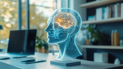 Wall Mural - Holographic Human Head with Illuminated Brain on a Desk