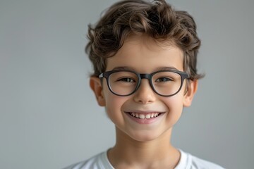 Cute little boy in eyeglasses on grey background