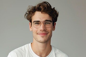 Wall Mural - Cute handsome man in eyeglasses on grey background