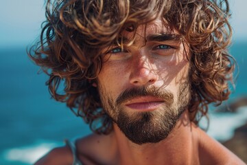 Wall Mural - Cute handsome man with curly hair on blurred ocean background