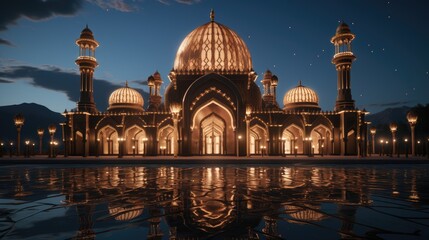 Glowing Nighttime Mosque: A Stunning View of the Grand Mosque in the Middle East Generative AI/  