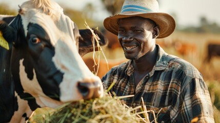 Poster - A man is feeding a cow in a field
