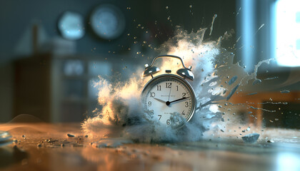 Canvas Print - Alarm clock dissolving on table indoors. Time is running out