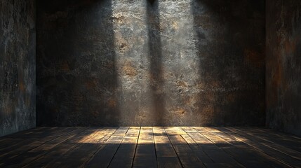 Wall Mural - A dark room with a wooden floor and a wall with a shadow on it