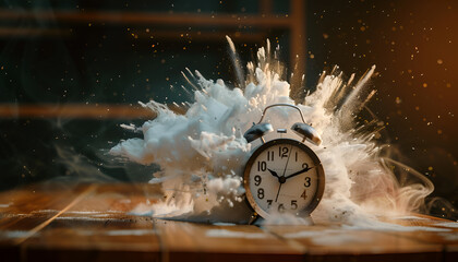 Canvas Print - Alarm clock dissolving on table indoors. Time is running out