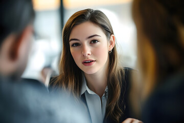 Poster - A young Caucasian female professional engaging in a focused discussion with team members.